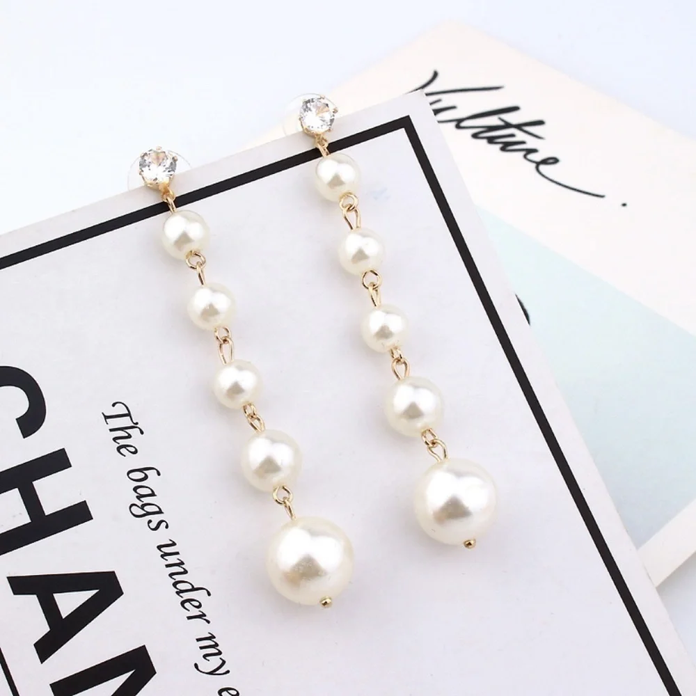 *GWYNNA* Long Pearl Chain Fashion Dangle Earrings